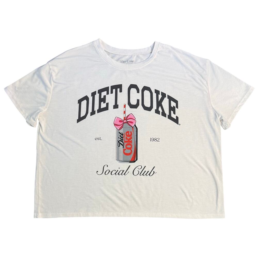 Diet Coke Social Club Cropped Tee Bow Straw Round Neck White Women's XL